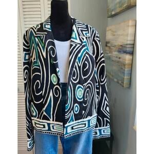 Transitions 100% Linen Blazer size 10 Blue Black Geometric Office NWOT